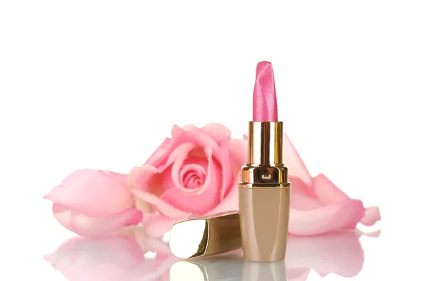 Pink lipstick and pink rose isolated on white — Stock Photo, Image