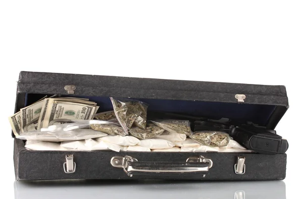 Cocaine and marijuana with gun in a suitcase isolated on white — Stock Photo, Image