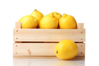 Ripe lemon in wooden box isolated on white clipart