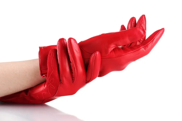 Frauenhände in roten Lederhandschuhen isoliert auf weißem Grund — Stockfoto