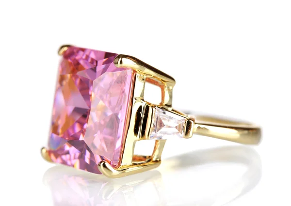 Hermoso anillo de oro con piedra preciosa aislada en blanco —  Fotos de Stock