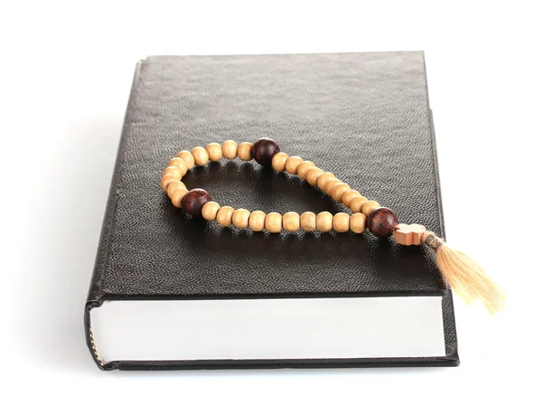 Bible and wooden rosary isolated on white — Stock Photo, Image
