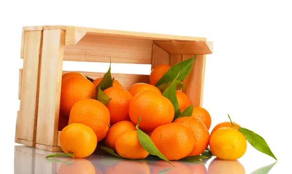 Las sabrosas mandarinas maduras con hojas en caja de madera cayeron aisladas en blanco — Foto de Stock