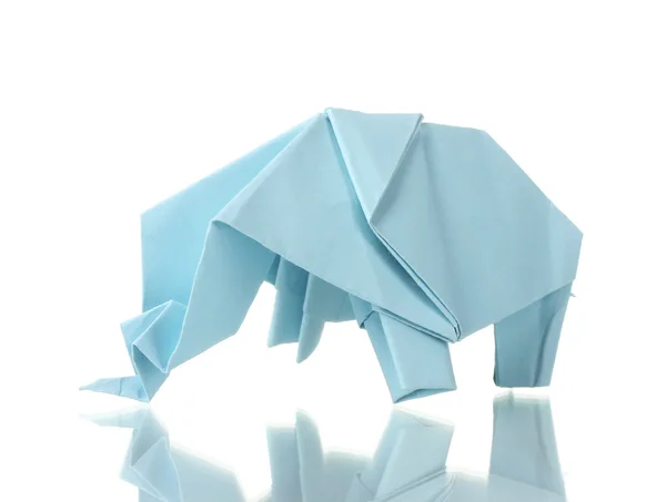 Origami-Elefant aus dem blauen Papier isoliert auf weiß — Stockfoto