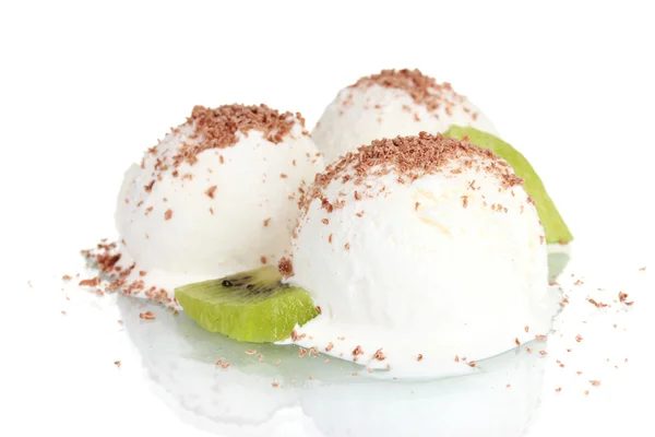 Delizioso gelato alla vaniglia con cioccolato e kiwi isolato su bianco — Foto Stock