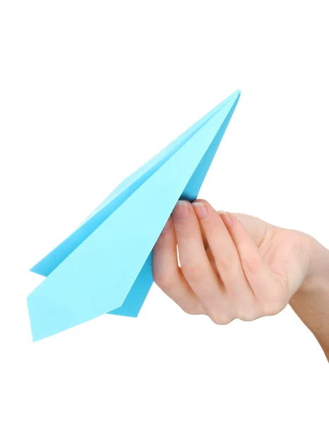 手上白色隔离的折纸纸飞机 — 图库照片