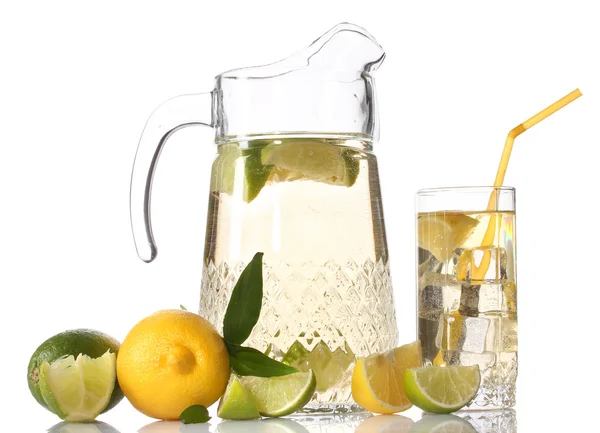 Pitcher and glass of lemonade and lemon isolated on white — Stock Photo, Image