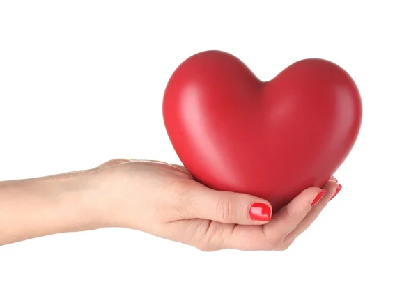 Kadının elinde beyaz izole kırmızı kalp — Stok fotoğraf