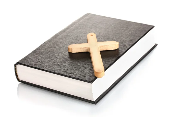 Bible and wooden cross isolated on white — Stock Photo, Image