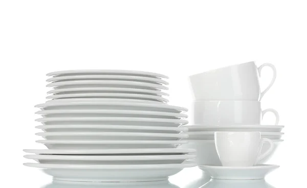 Tomma skålar, tallrikar och koppar isolerad på vit — Stockfoto
