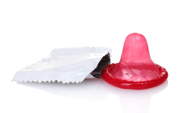 Red condom with packing isolated on white — Stock Photo, Image
