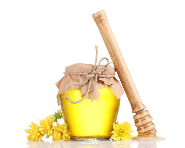 Potje honing en houten motregen geïsoleerd op wit — Stockfoto