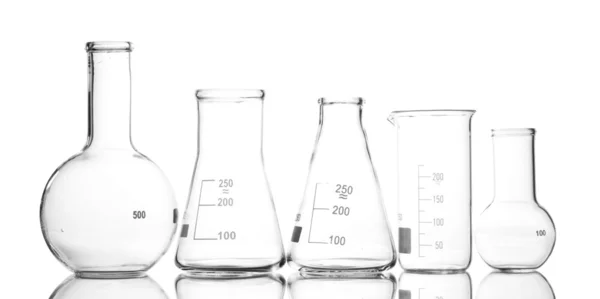 Empty laboratory glassware with reflection isolated on white — Stock Photo, Image
