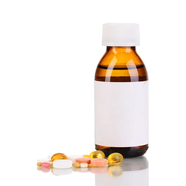Orvosi üveg és elszigetelt fehér tabletta — Stock Fotó