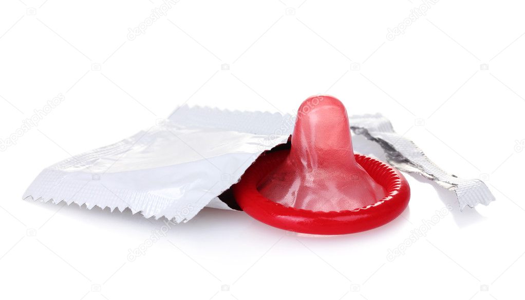 Red condom with open pack isolated on white