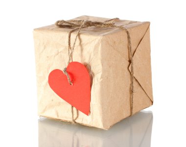 Small parcel with blank heart-shaped label isolated on white clipart