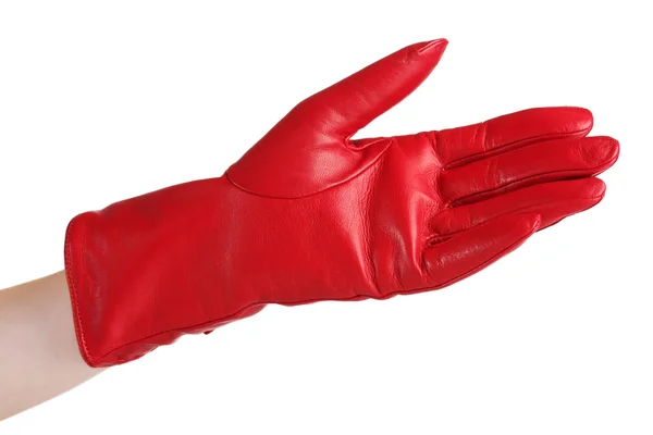 Frauenhand in rotem Lederhandschuh isoliert auf weißem Grund — Stockfoto