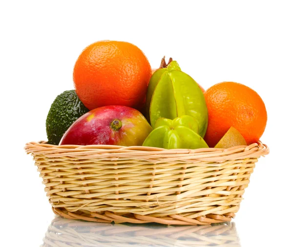 Assortment of exotic fruits in basket isolated on white — Zdjęcie stockowe