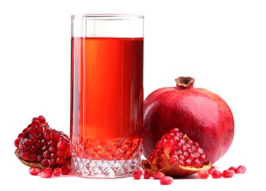 Ripe pomergranate and glass of juice isolated on white clipart