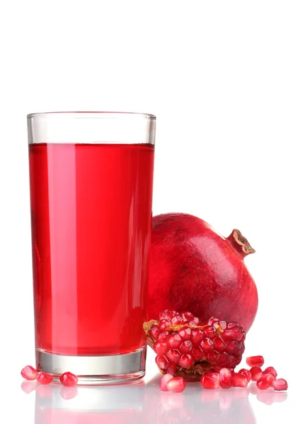 Ripe pomergranate and glass of juice isolated on white — Stock Photo, Image