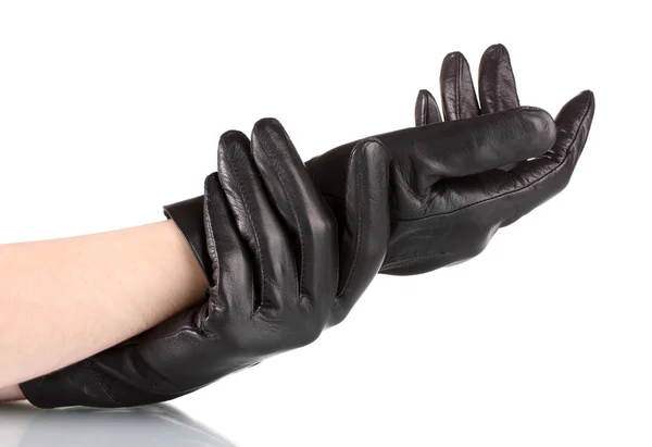 Frauenhände in schwarzen Lederhandschuhen isoliert auf weißem Grund — Stockfoto