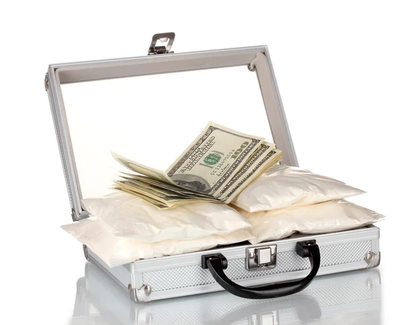 Kokain med pengar i en resväska som isolerad på vit — Stockfoto