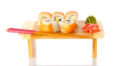 Tasty rolls served on wooden plate isolated on white clipart