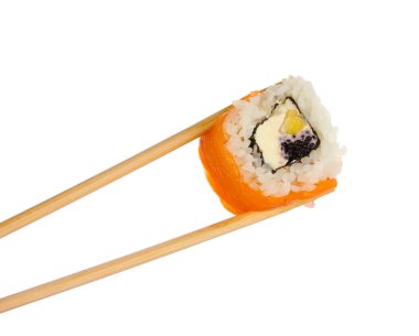 Holding rulo ile üzerine beyaz izole chopsticks