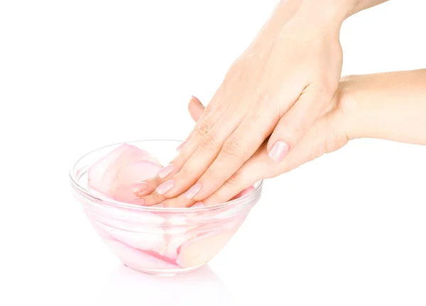 Hermosas manos femeninas y pétalos de rosa — Foto de Stock