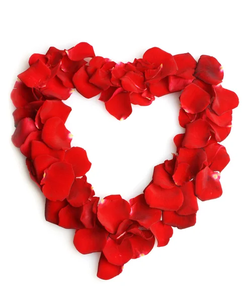 Piękne serce czerwonych płatków róż odizolowanych na białym — Zdjęcie stockowe