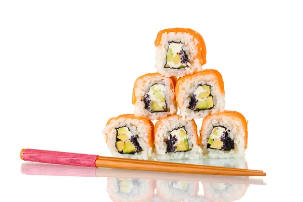 stock image Tasty rolls with chopsticks isolated on white