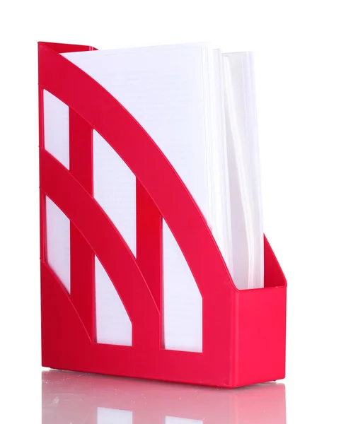 Bandeja vermelha para papéis isolados em branco — Fotografia de Stock