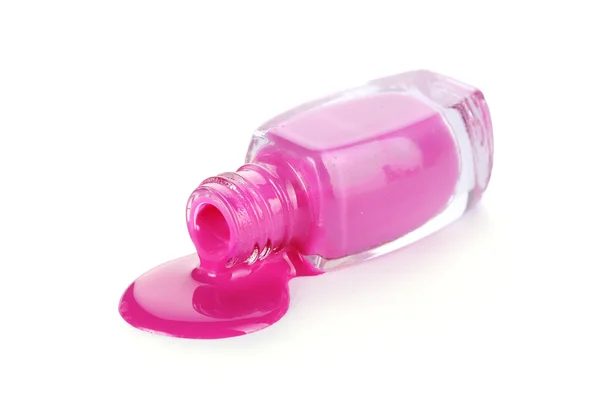 Offene Flasche mit rosa Nagellack isoliert auf weiß — Stockfoto