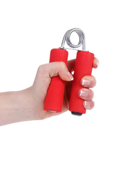 Red hand trainer in hand isolated on white — Stock Photo, Image