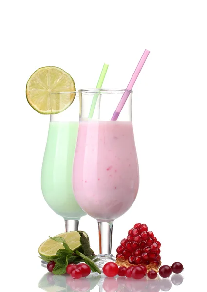 Milk shakes with fruits isolated on white — Stock Photo, Image