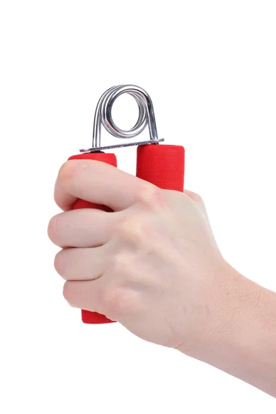 Treinador de mão vermelho na mão isolado em branco — Fotografia de Stock
