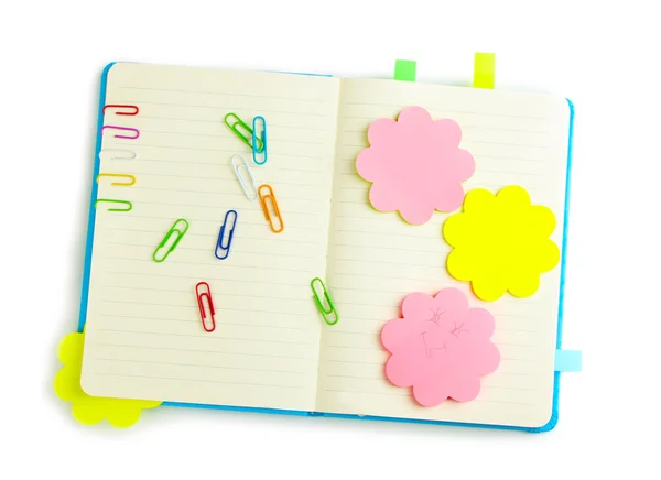 Open note book with stickies and pencil isolated on white — Stock Photo, Image