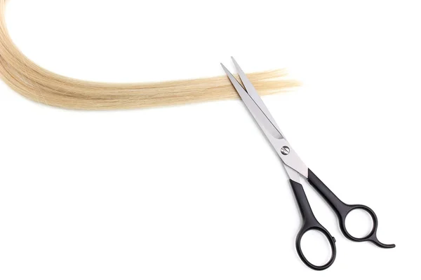 Glanzende blond haar en haar snijden shears geïsoleerd op wit — Stockfoto