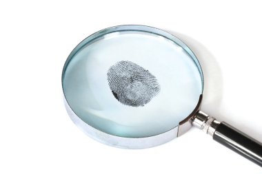 Magnifying glass and fingerprint isolated on white clipart