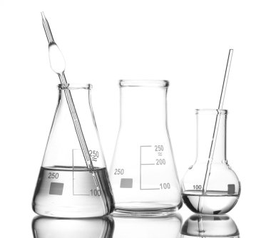 Two flasks with water and one empty flask with reflection isolated on white