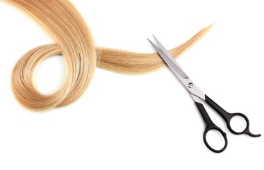 Shiny blond hair and hair cutting shears isolated on white clipart