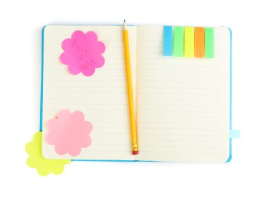 Open note book with stickies and pencil isolated on white clipart