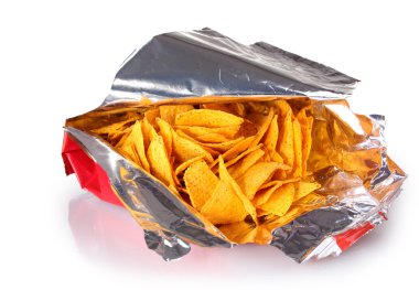 Tasty potato chips in bag isolated on white clipart