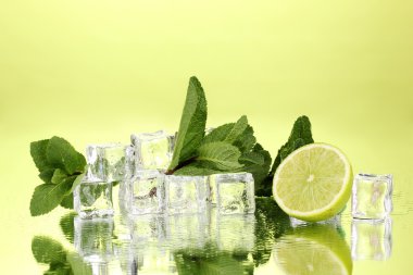 Fresh mint leaf and ice cubes with droplets and lime on green background