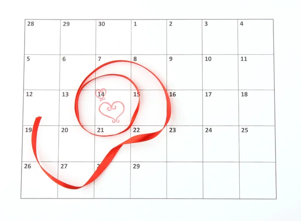Calendar page with hearts and ribbon on St.Valentines Day — Stock Photo, Image