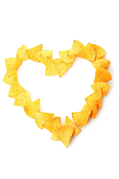 Elszigetelt fehér finom burgonya chips-szív alakú — Stock Fotó