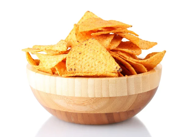Tasty potato chips in wooden bowl isolated on white — Stock Photo, Image