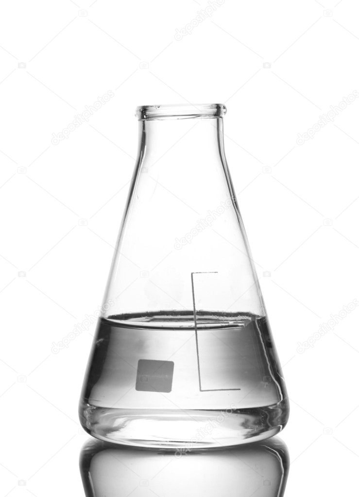 Flask with water and reflection isolated on white
