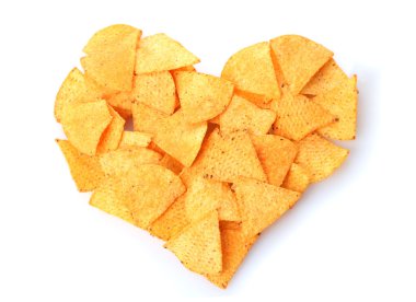 Delicious potato chips heart shape isolated on white clipart