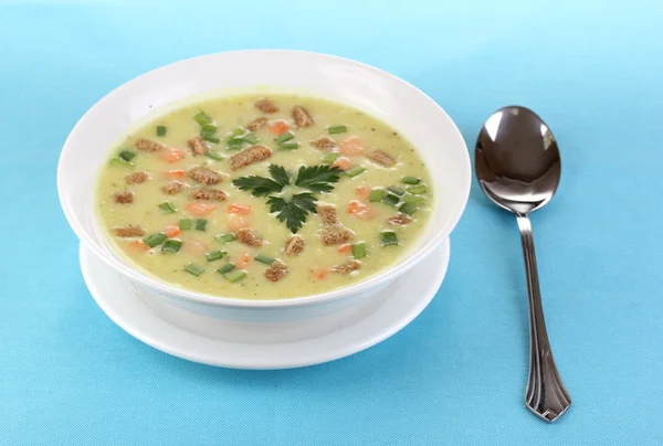 흰색 절연 블루 식탁보에 맛 있는 수프 — 스톡 사진
